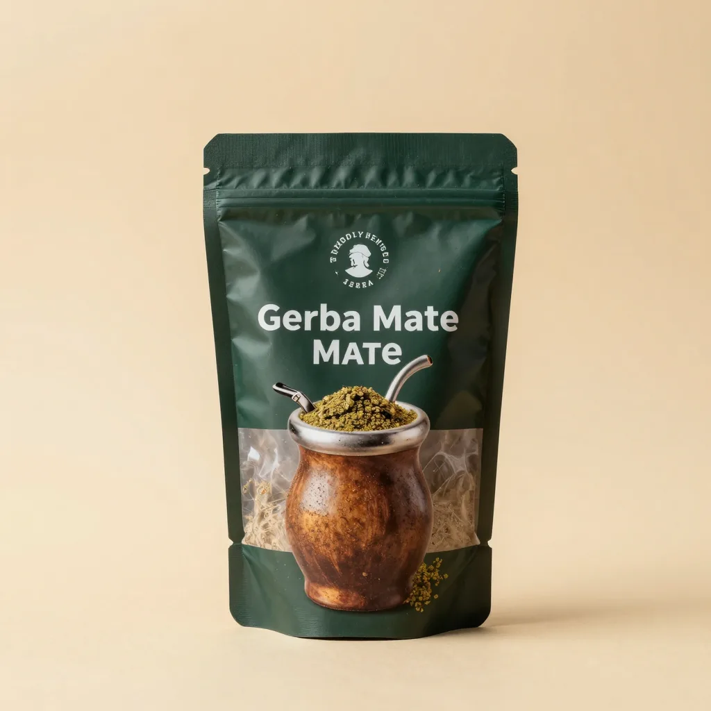 A bag of unsmoked yerba mate on a light background