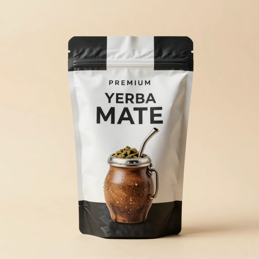 A bag of premium yerba mate on a light background